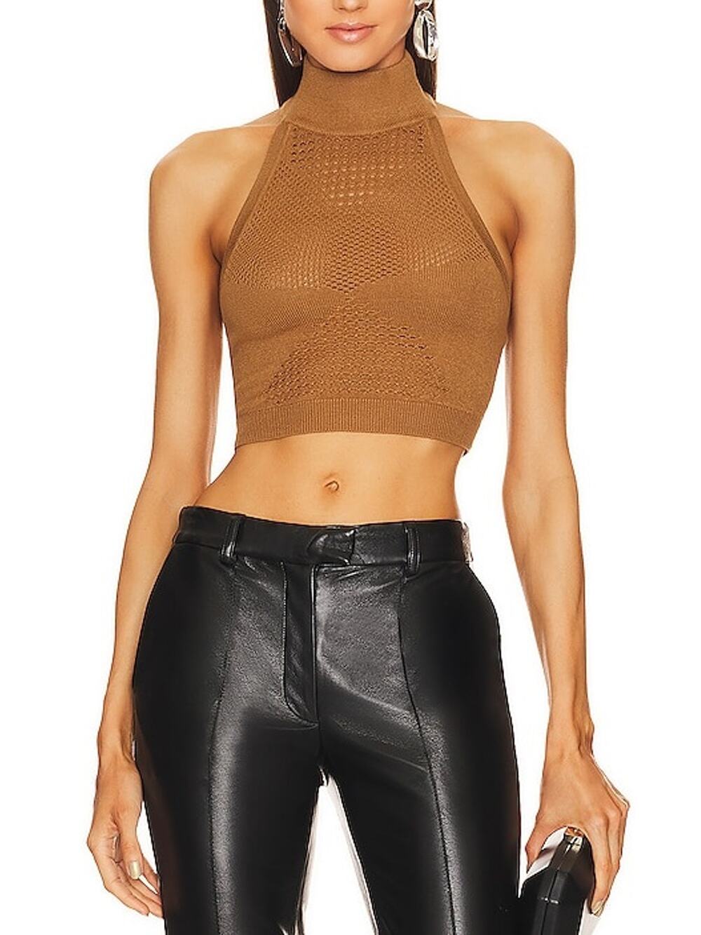 Michael Costello Mesh Chocolate Lalita Halter Crop Top Size M